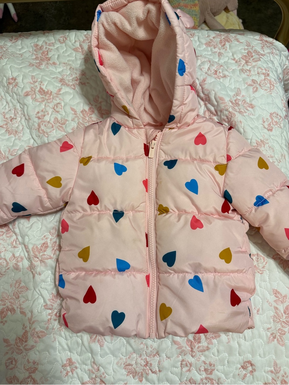 Old Navy Light Pink Heart-Print Puffer Jacket with Hood